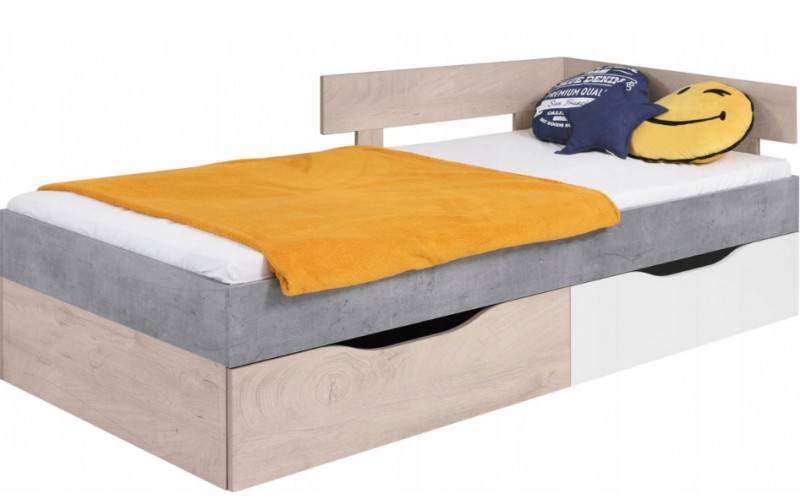 SKIP biela/betón/dub 15, študentská posteľ s úložným priestorom 90x200 cm