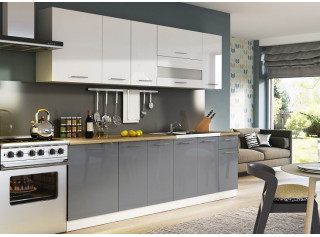 TIFFANY 260 sivý lesk/biely lesk, kuchynská linka v dĺžke 260 cm