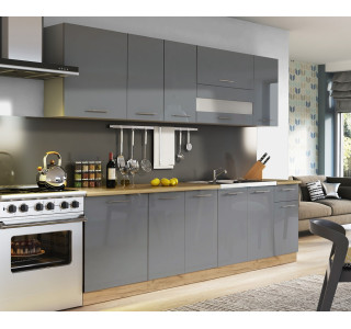 TIFFANY 260 sivý lesk, kuchynská linka v dĺžke 260 cm