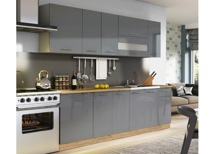 TIFFANY 260 sivý lesk, kuchynská linka v dĺžke 260 cm