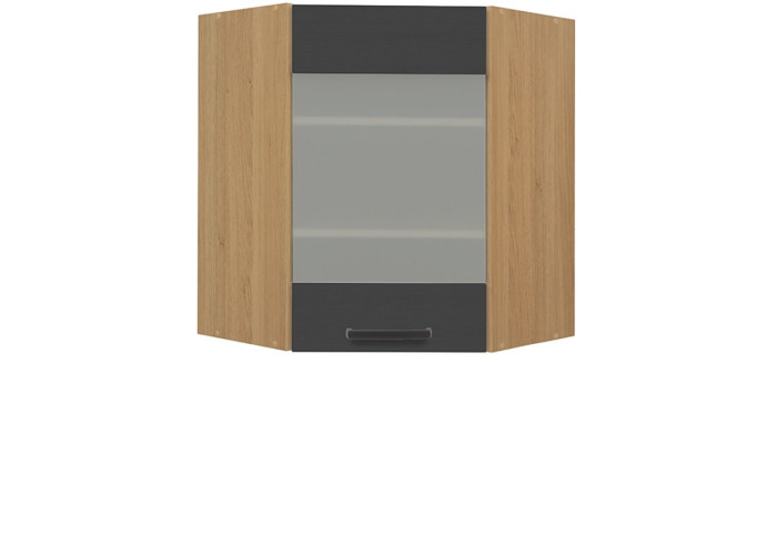 SEMI LINE dub/čierna GNWU60/72-LVPV, horná rohová skrinka so sklom v šírke 60 x 60 cm