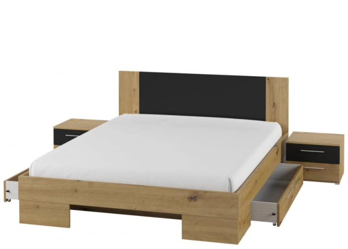 VERA dub artisan/čierna, posteľ s úl. priestorom 180x200 cm s n. stolíkmi
