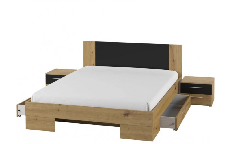 VERA dub artisan/čierna, posteľ s úl. priestorom 180x200cm s n. stolíkmi