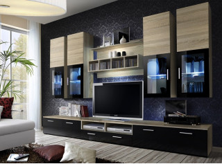 LYRA dub sonoma/čierny lesk, obývacia stena